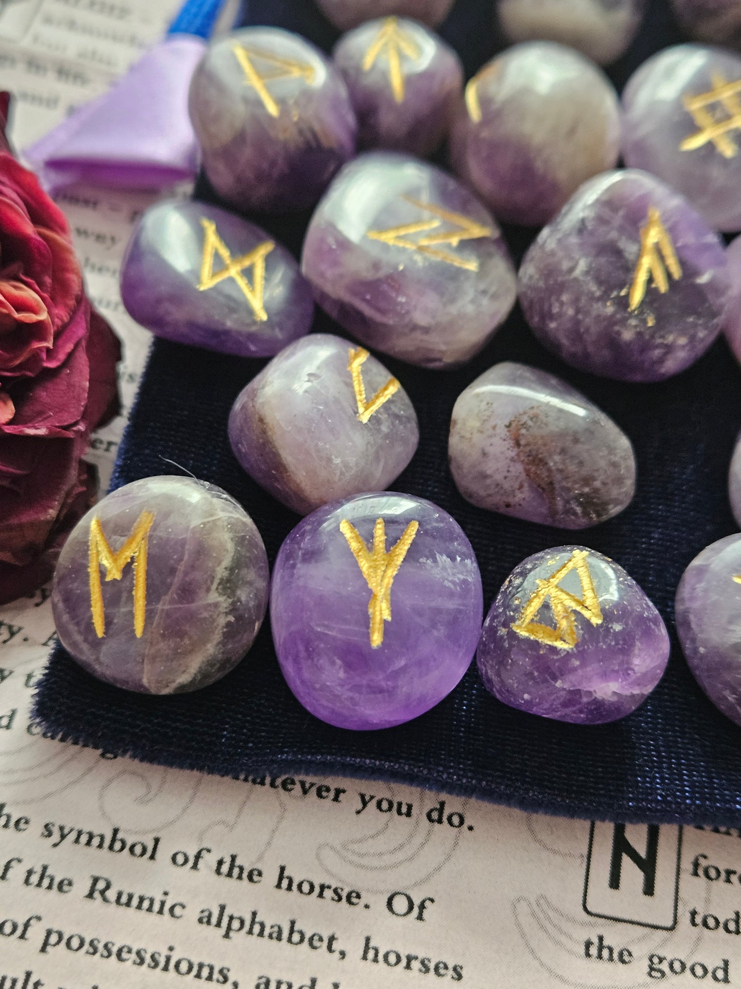 Amethyst Crystal Runes Set with Instructional Guide and purple velvet pouch