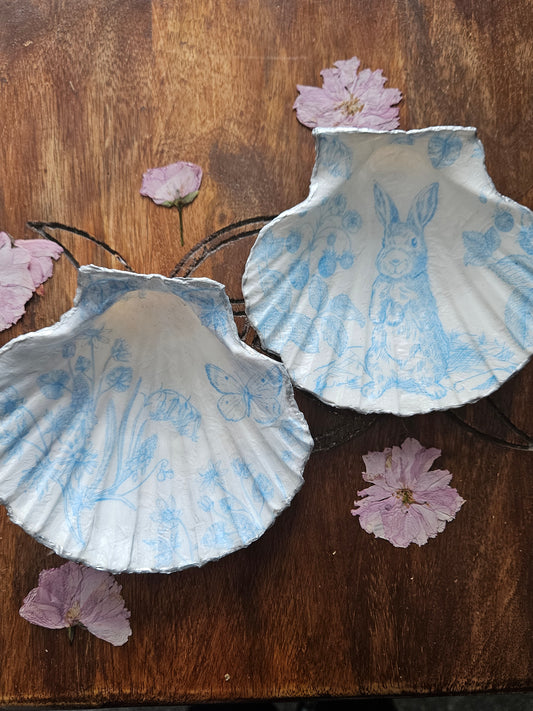 Large Scallop Shells with Decoupage Design - Rabbit or Floral Butterfly