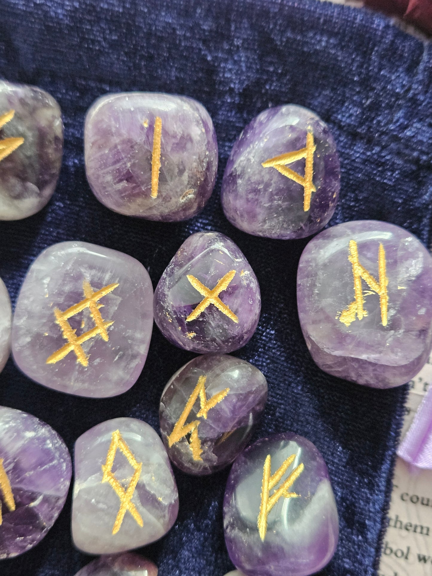 Amethyst Crystal Runes Set with Instructional Guide and purple velvet pouch