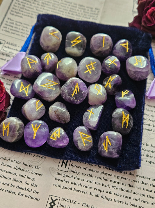 Amethyst Crystal Runes Set with Instructional Guide and purple velvet pouch