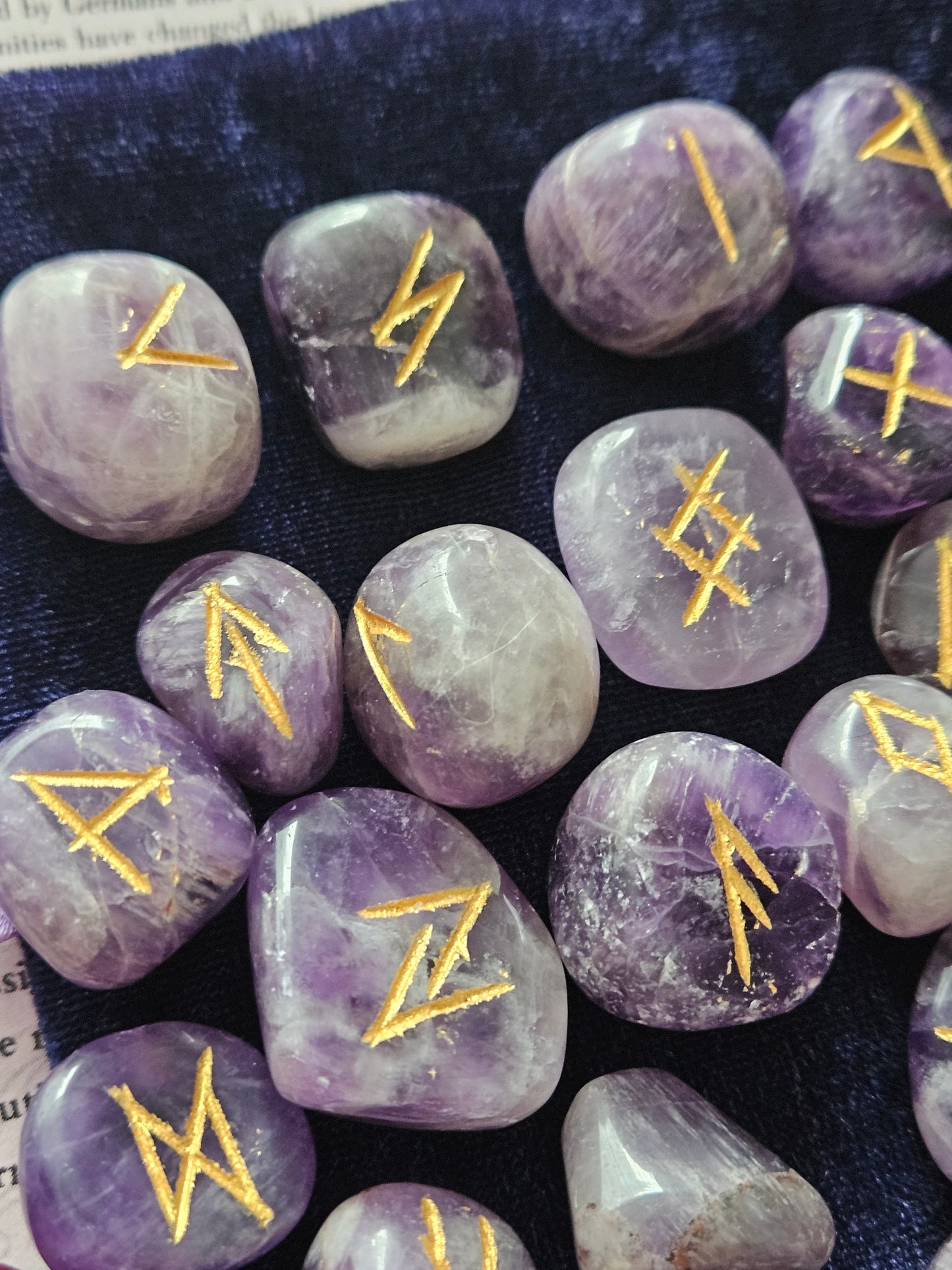 Amethyst Crystal Runes Set with Instructional Guide and purple velvet pouch