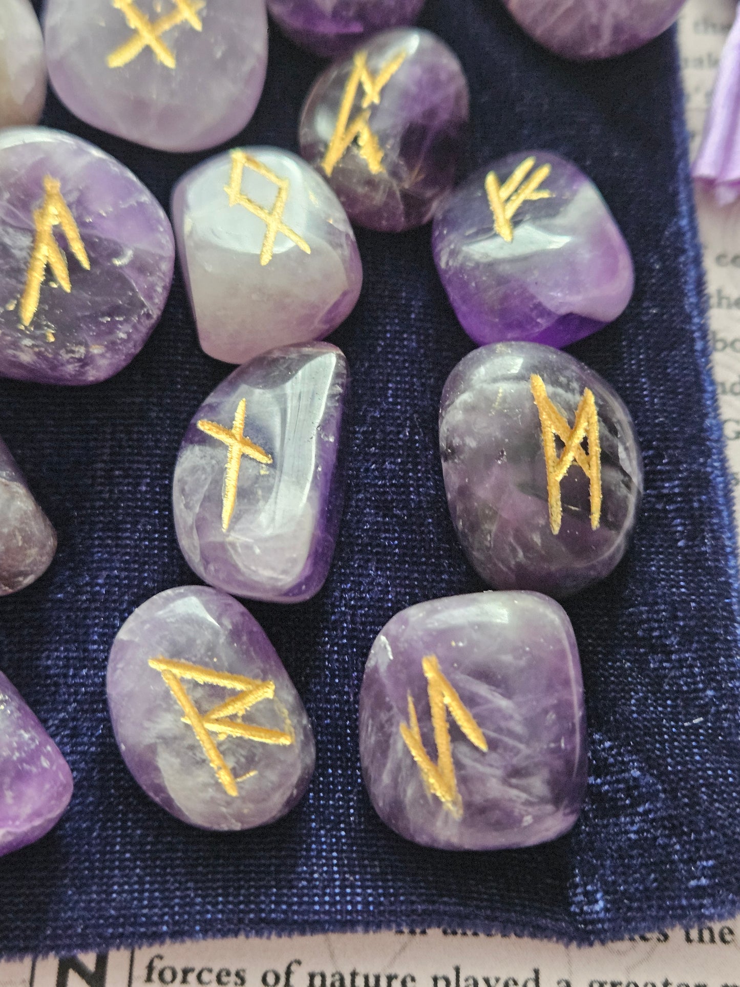 Amethyst Crystal Runes Set with Instructional Guide and purple velvet pouch