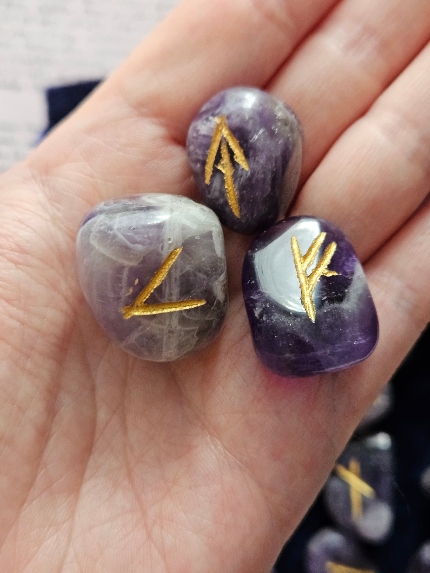 Amethyst Crystal Runes Set with Instructional Guide and purple velvet pouch