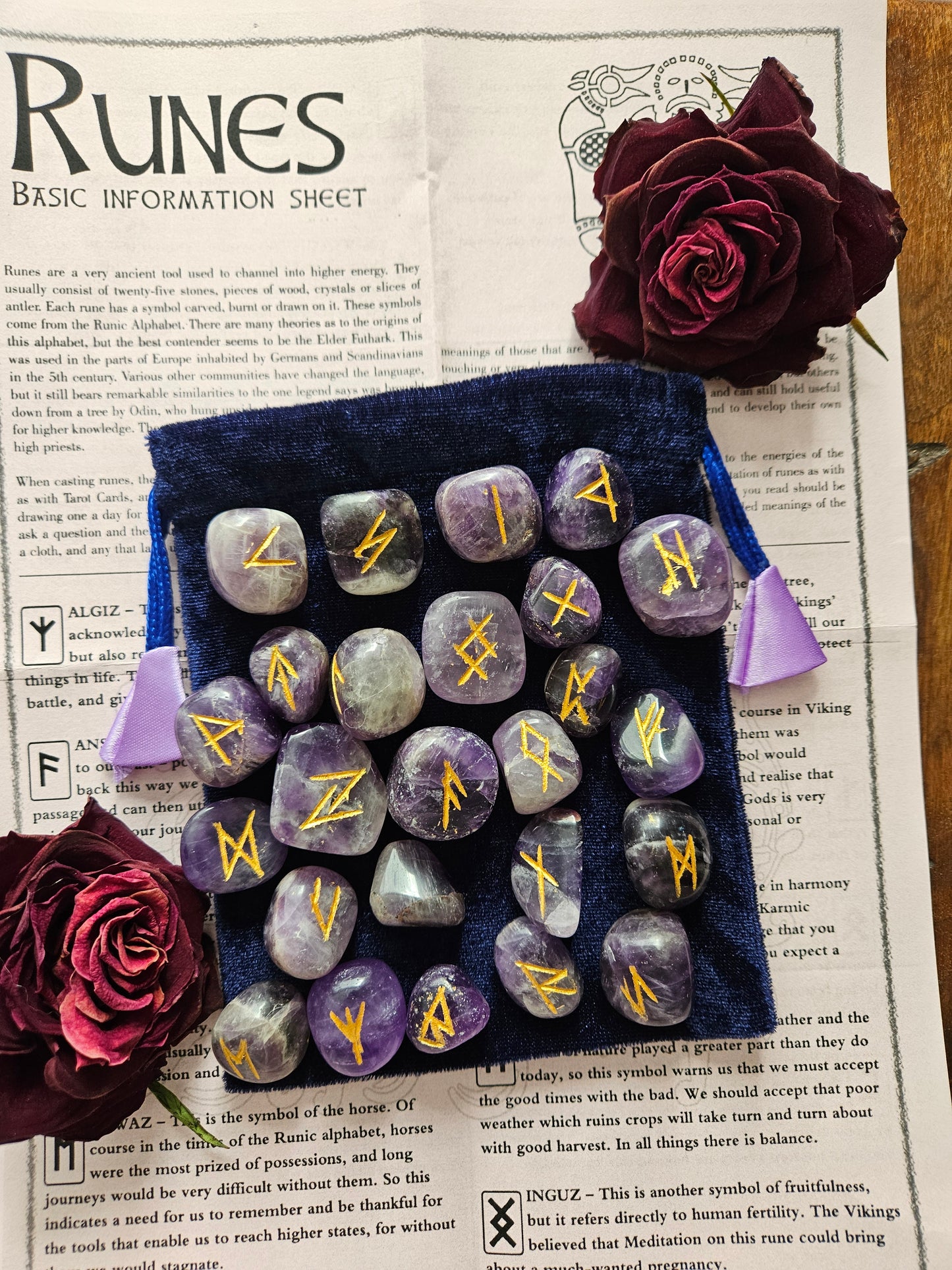Amethyst Crystal Runes Set with Instructional Guide and purple velvet pouch