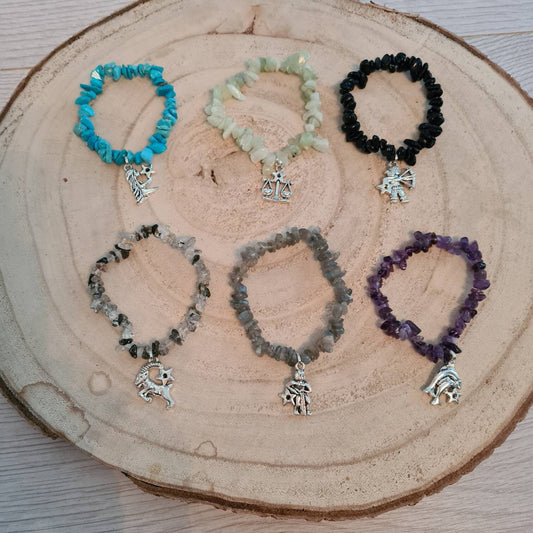 Zodiac crystal chip bracelets with charm ~Virgo ~ Libra ~ Scorpio ~ Sagittarius ~ Capricorn ~ Aquarius ~ Pisces ~