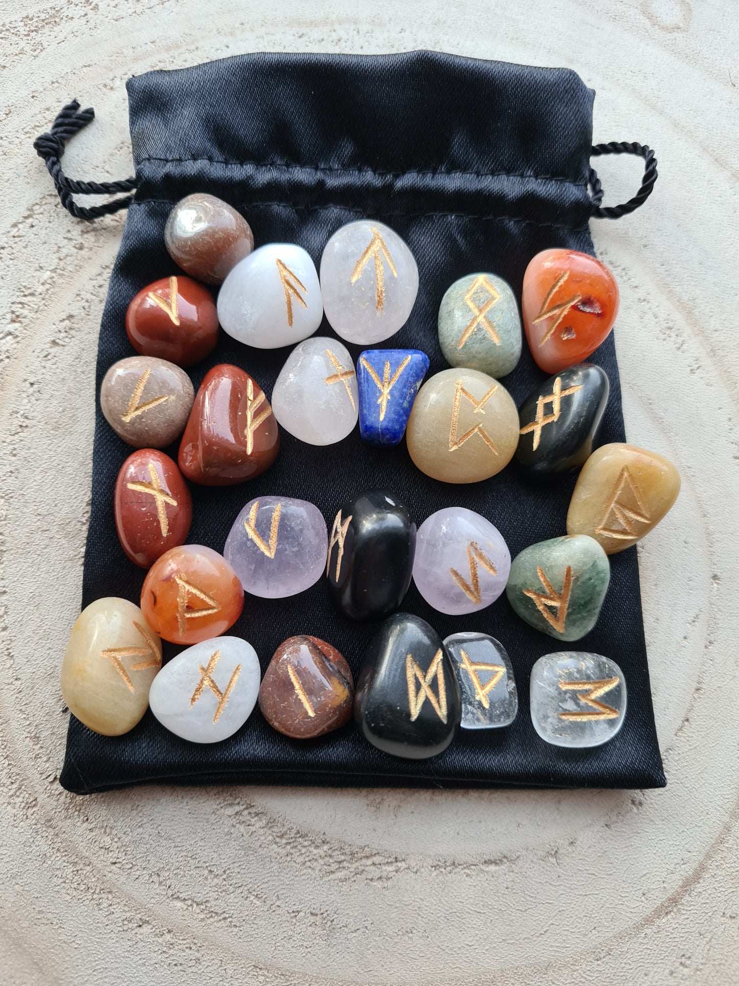 Mixed Crystal Runes Set with Instructional Guide and purple velvet pouch