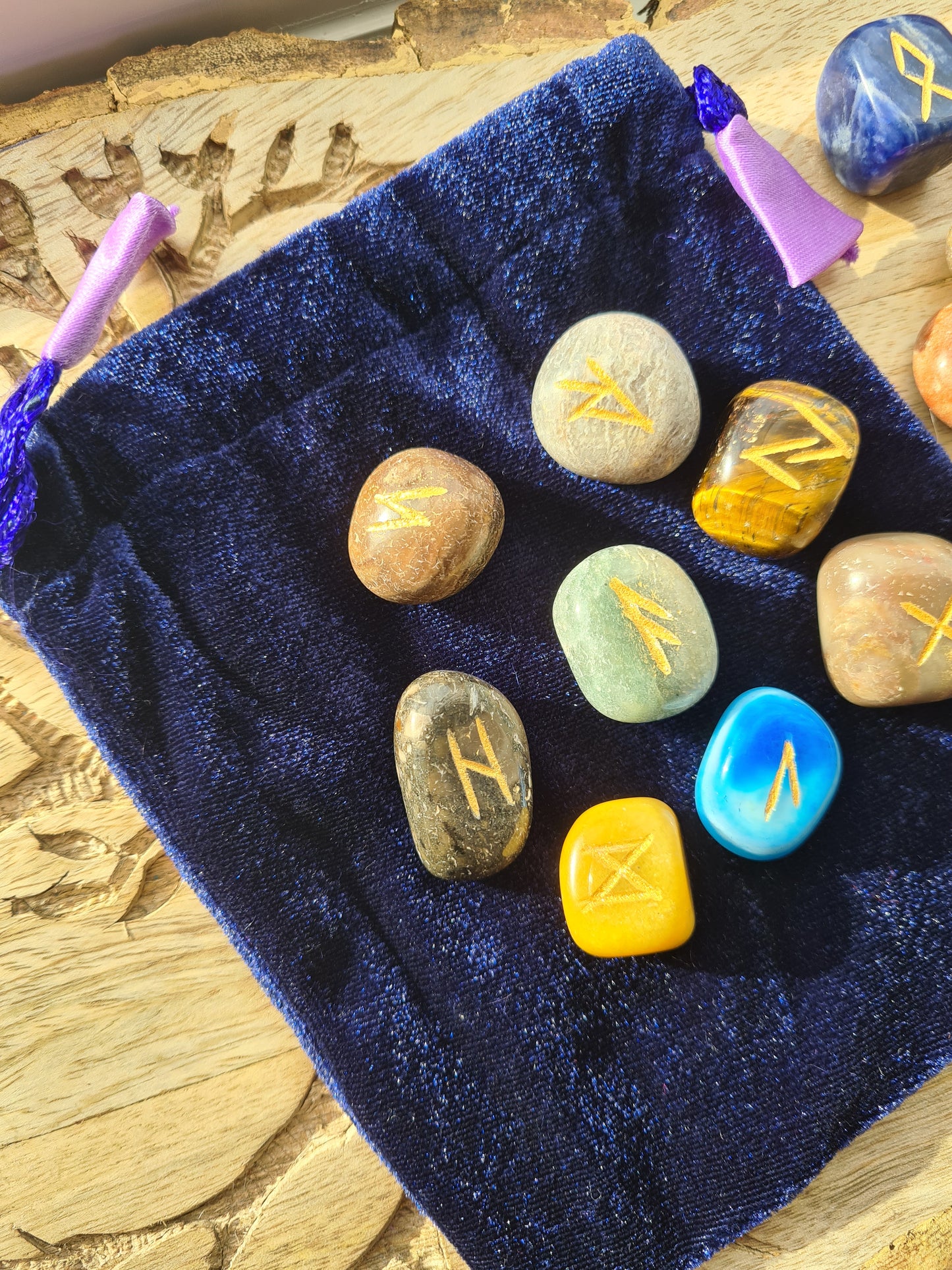 Mixed Crystal Runes Set with Instructional Guide and purple velvet pouch