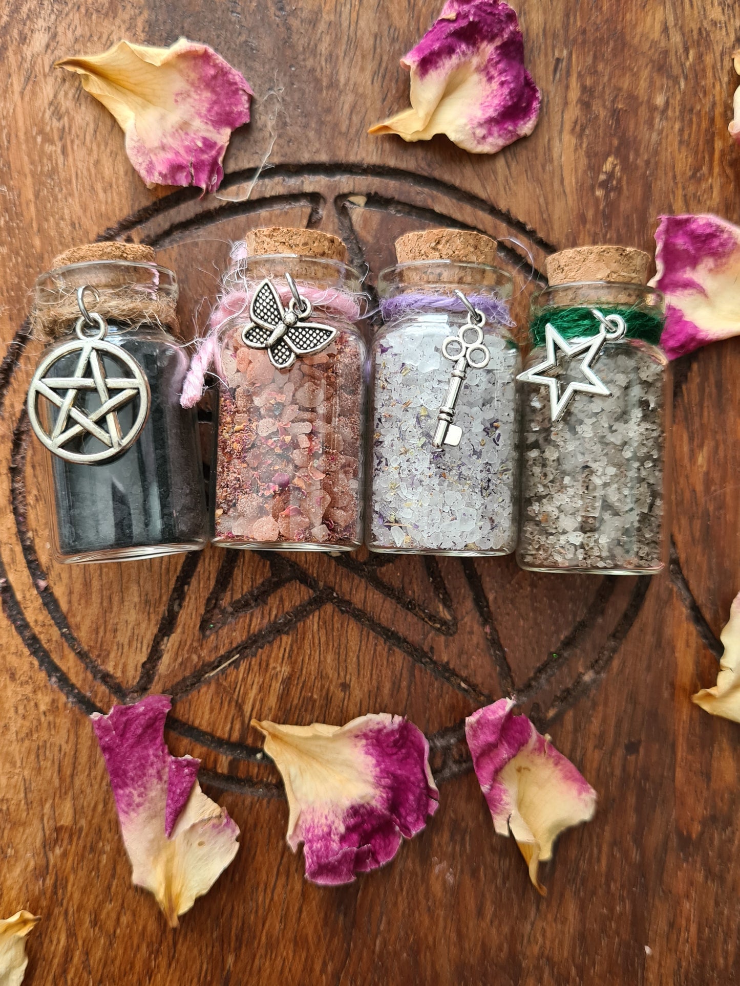 Witch's Salt vials -  Black Salt - Purple Salt - Pink Salt - Green Salt -  Glass Vials