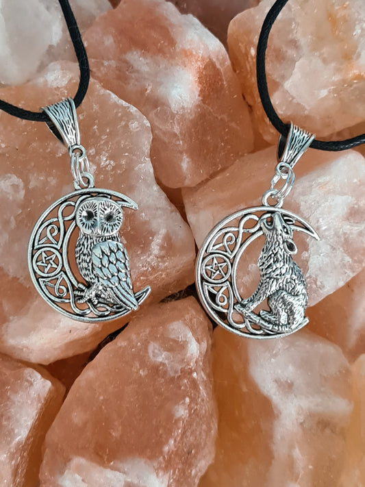 Moon and Pentagram Wolf or Owl Unisex Pendant