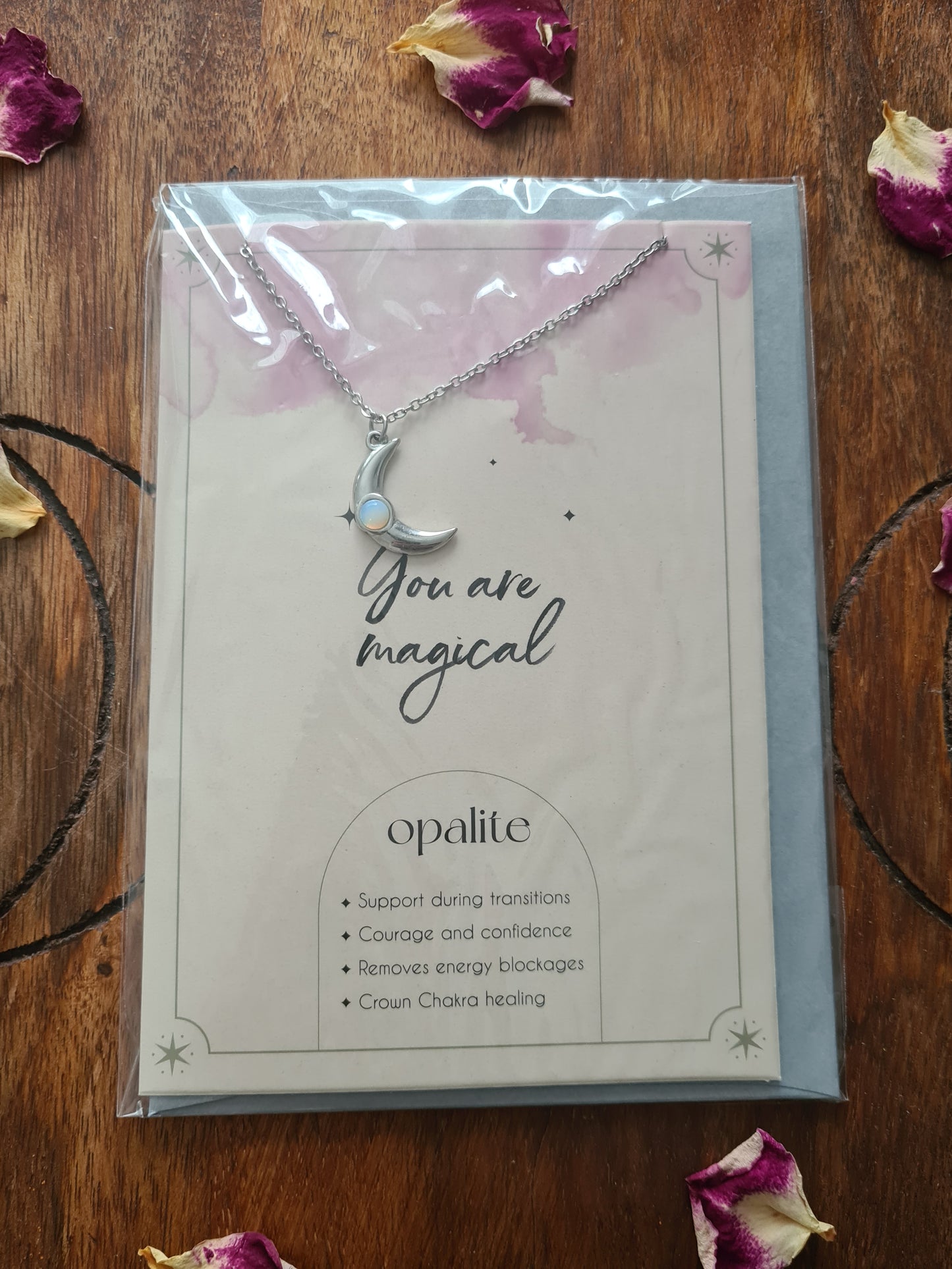 Opalite Crescent Moon Necklace Card