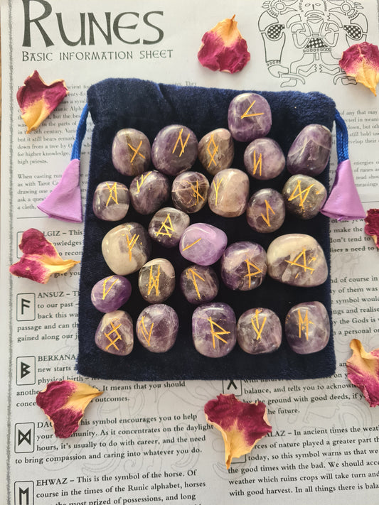 Amethyst Crystal Runes Set with Instructional Guide and purple velvet pouch