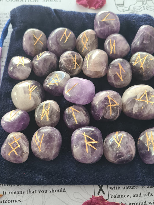 Amethyst Crystal Runes Set with Instructional Guide and purple velvet pouch