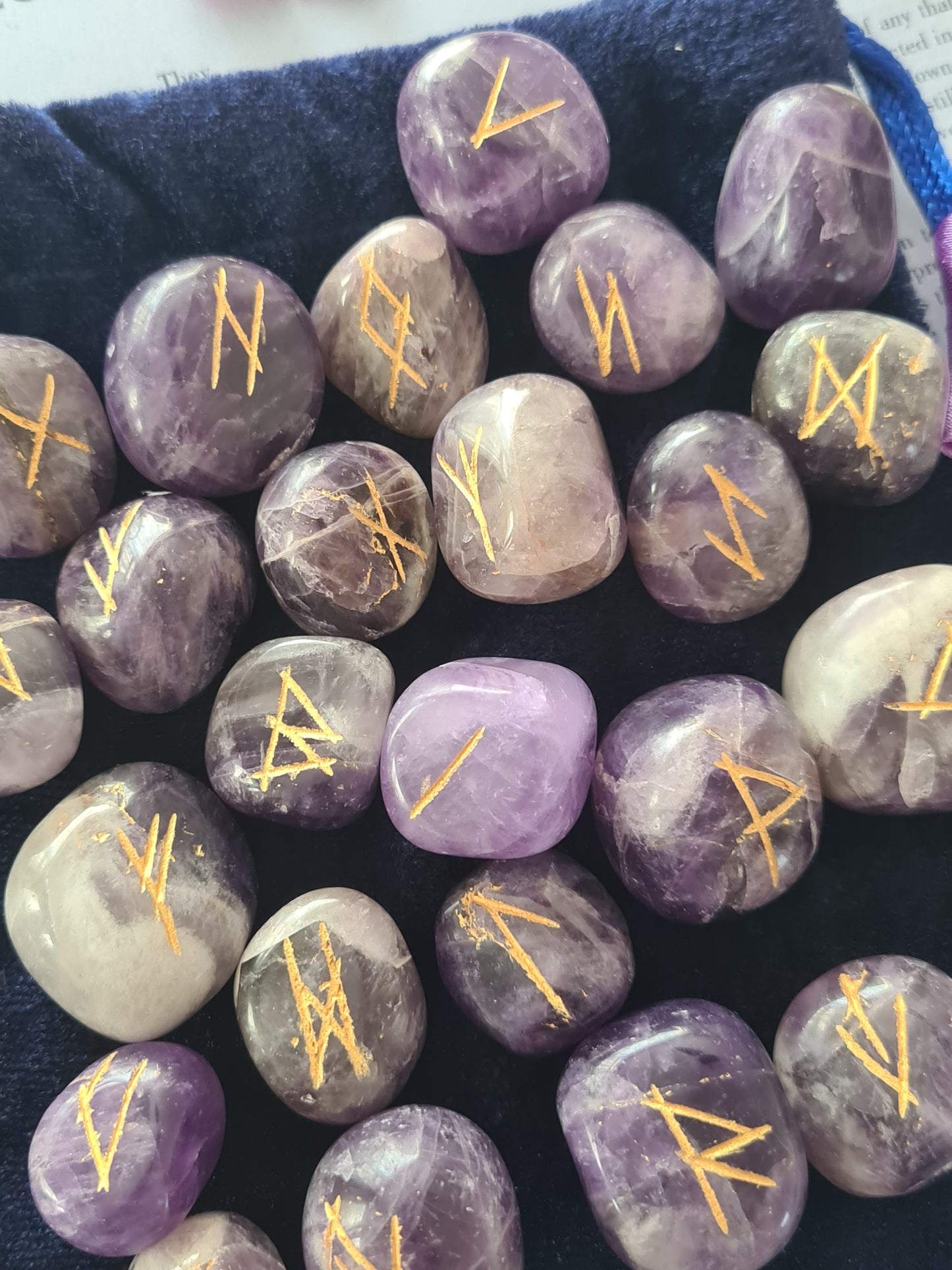 Amethyst Crystal Runes Set with Instructional Guide and purple velvet pouch