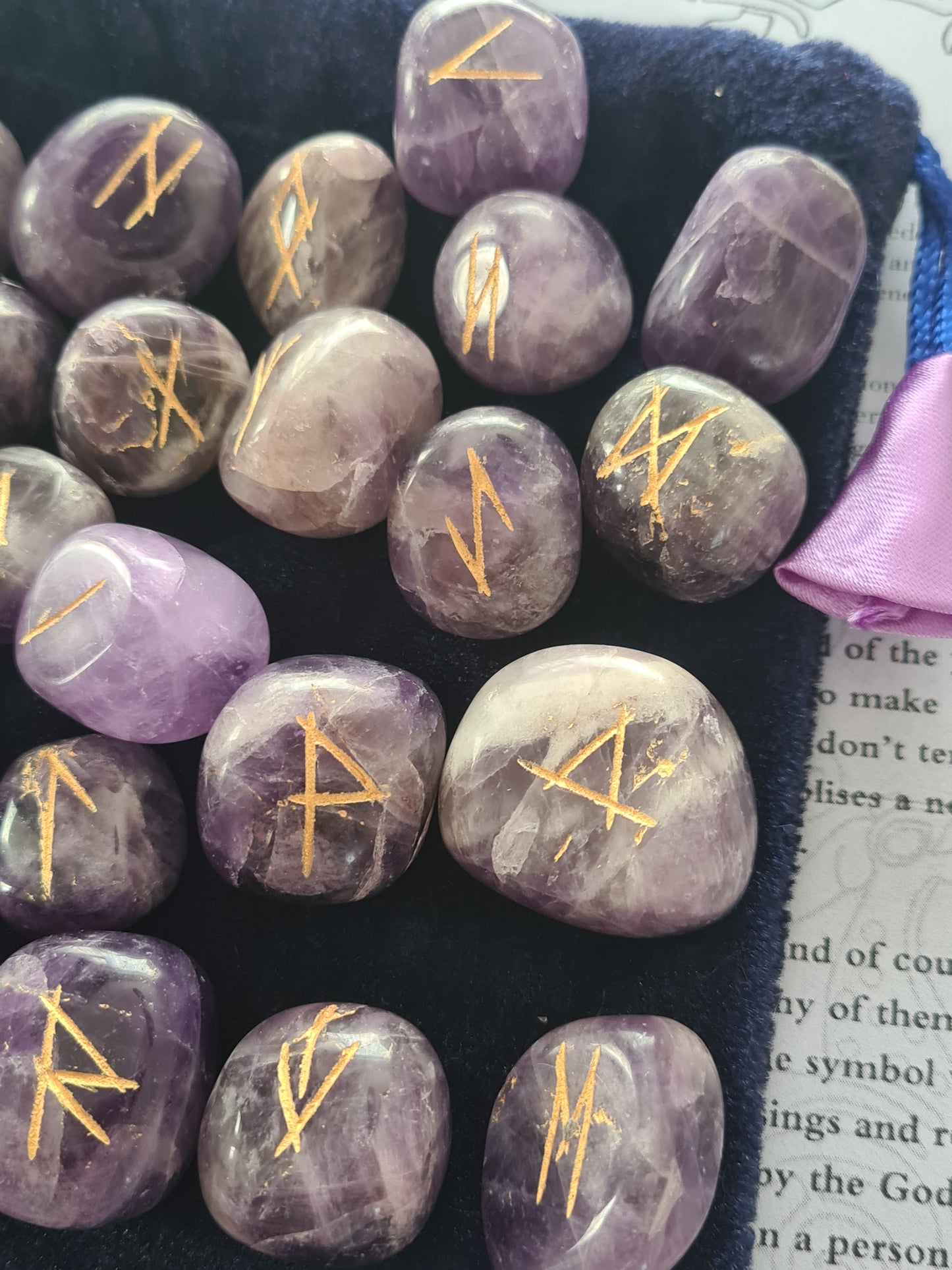 Amethyst Crystal Runes Set with Instructional Guide and purple velvet pouch