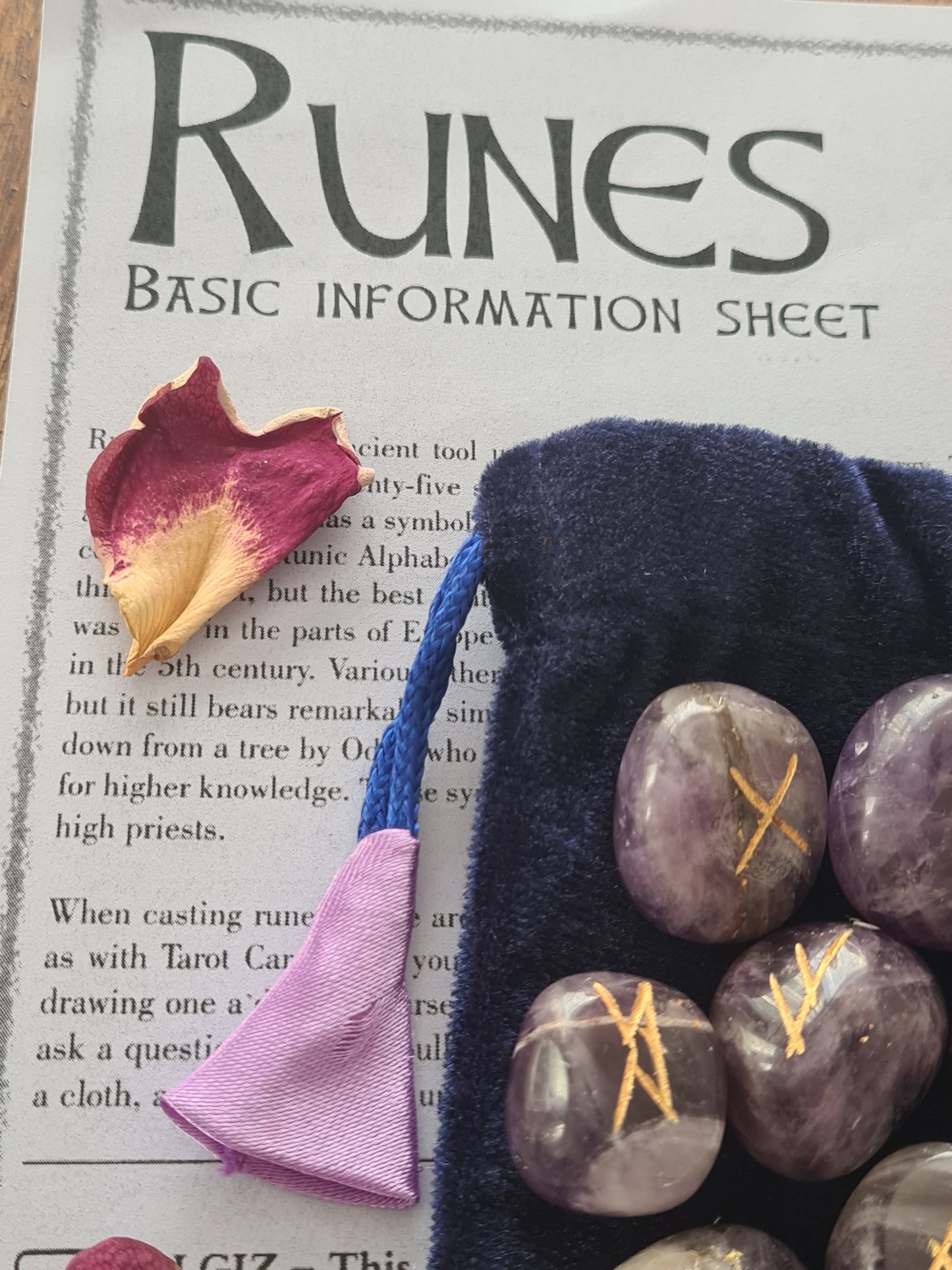 Amethyst Crystal Runes Set with Instructional Guide and purple velvet pouch