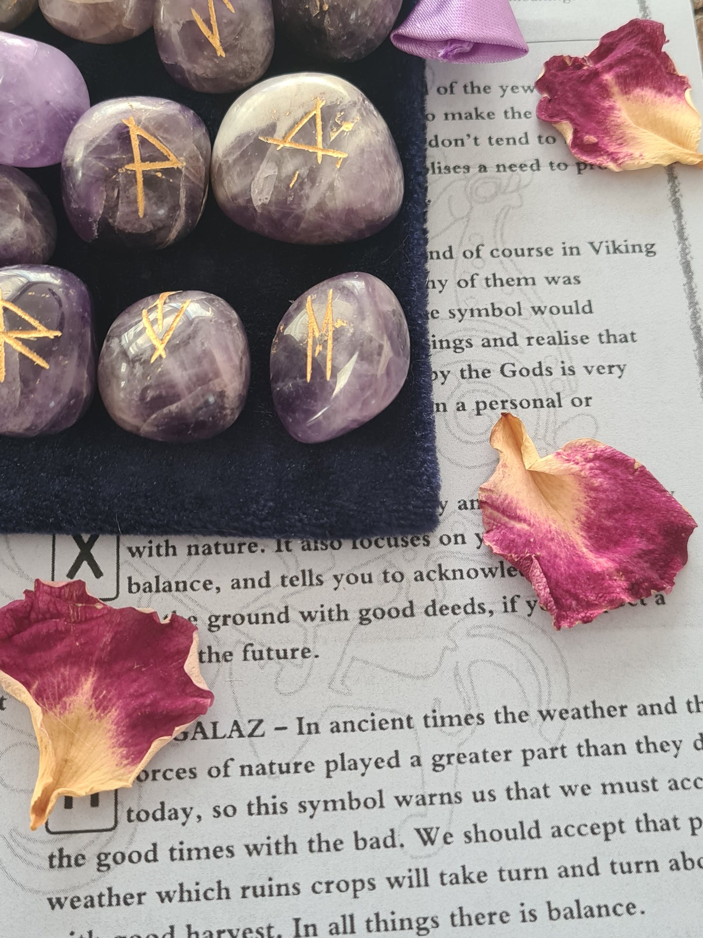 Amethyst Crystal Runes Set with Instructional Guide and purple velvet pouch