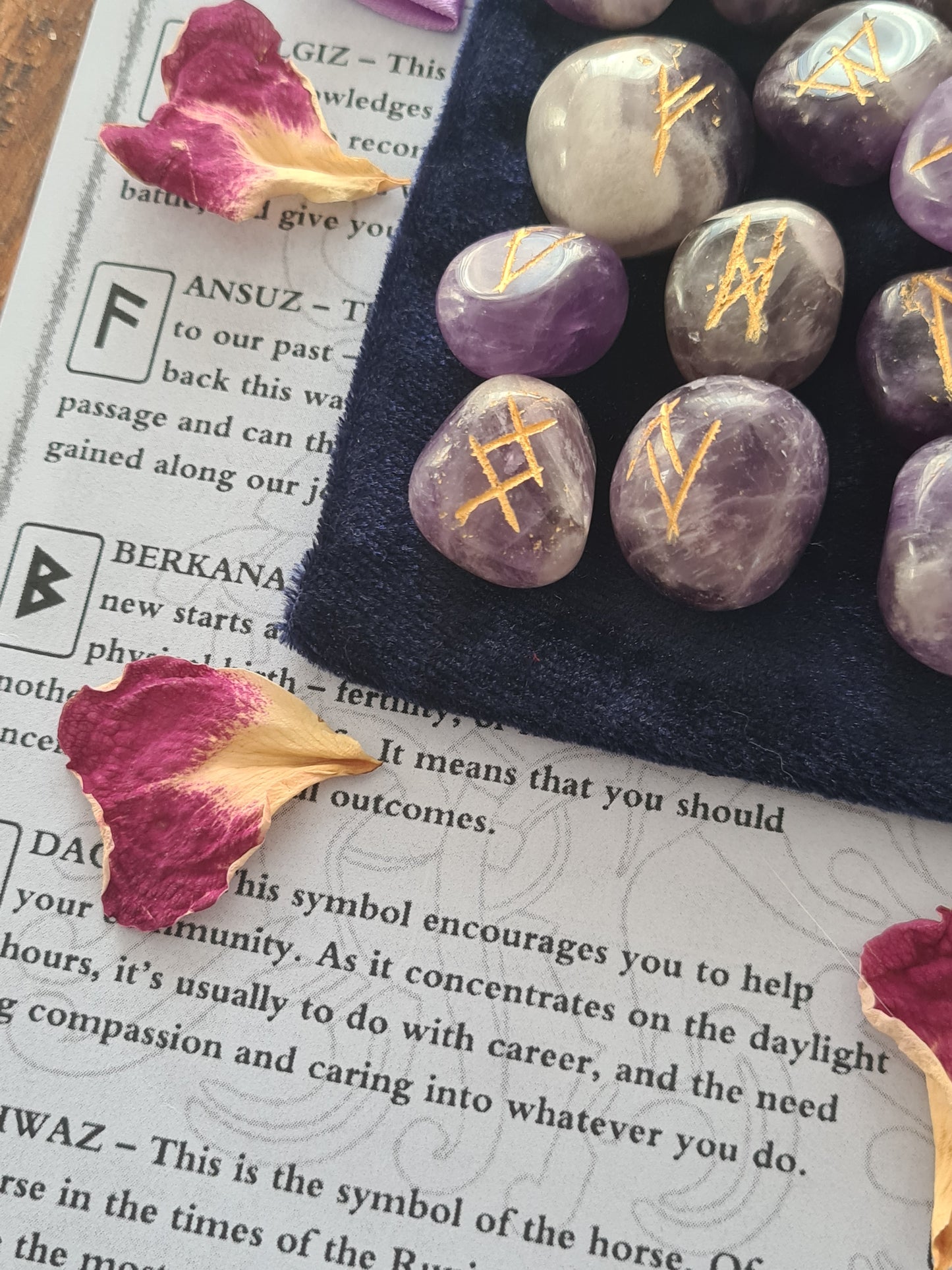 Amethyst Crystal Runes Set with Instructional Guide and purple velvet pouch