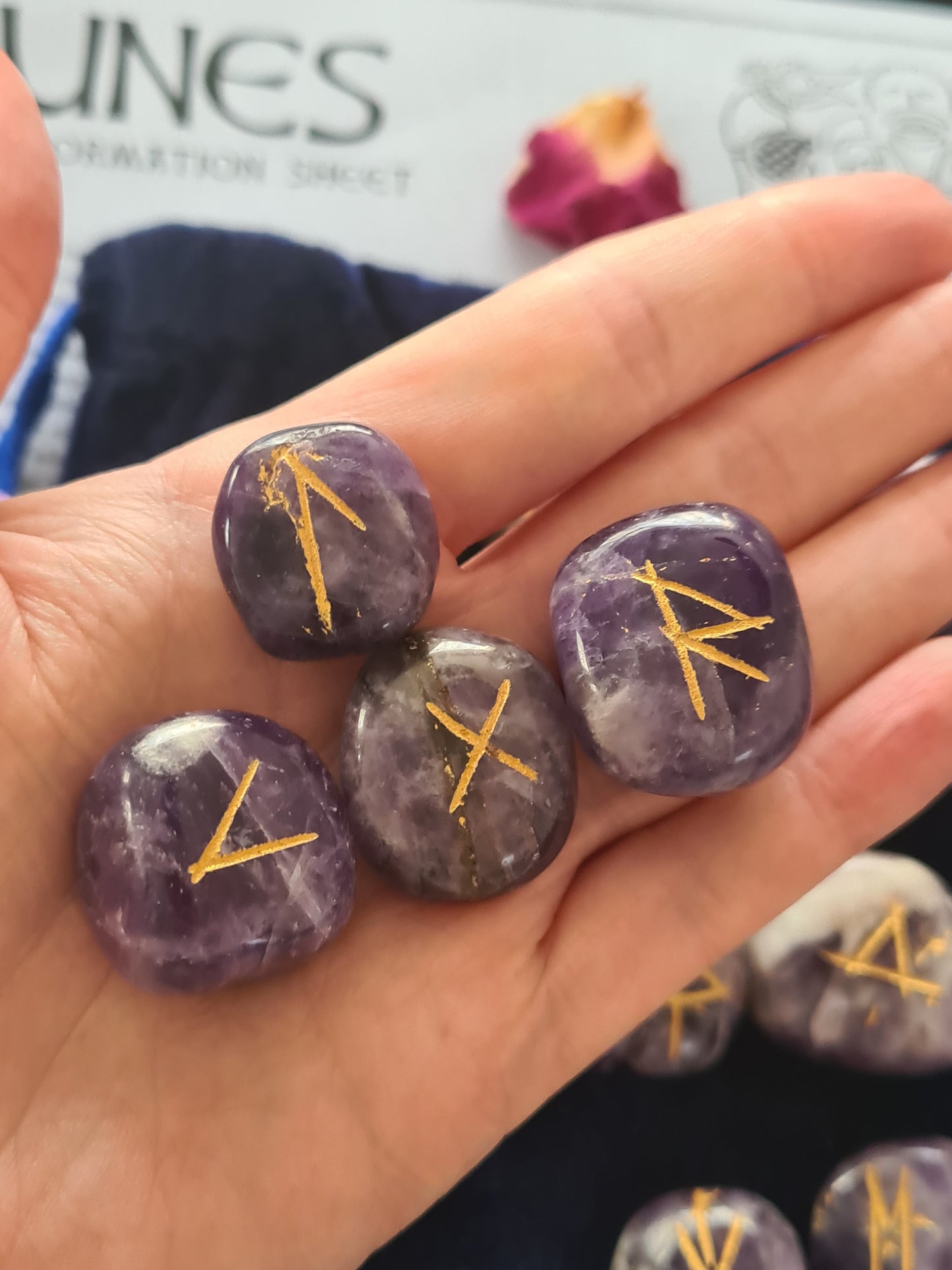 Amethyst Crystal Runes Set with Instructional Guide and purple velvet pouch