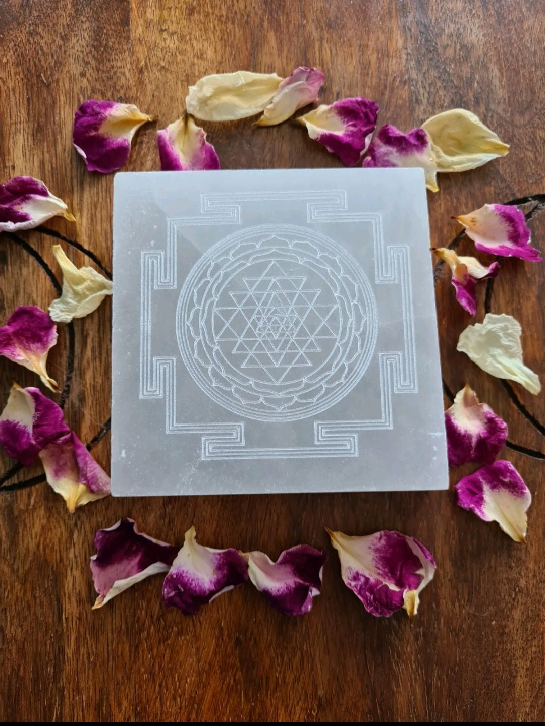 Selenite Charging plate engraved with Shri Yantra - Divine  - Crystal Gridding