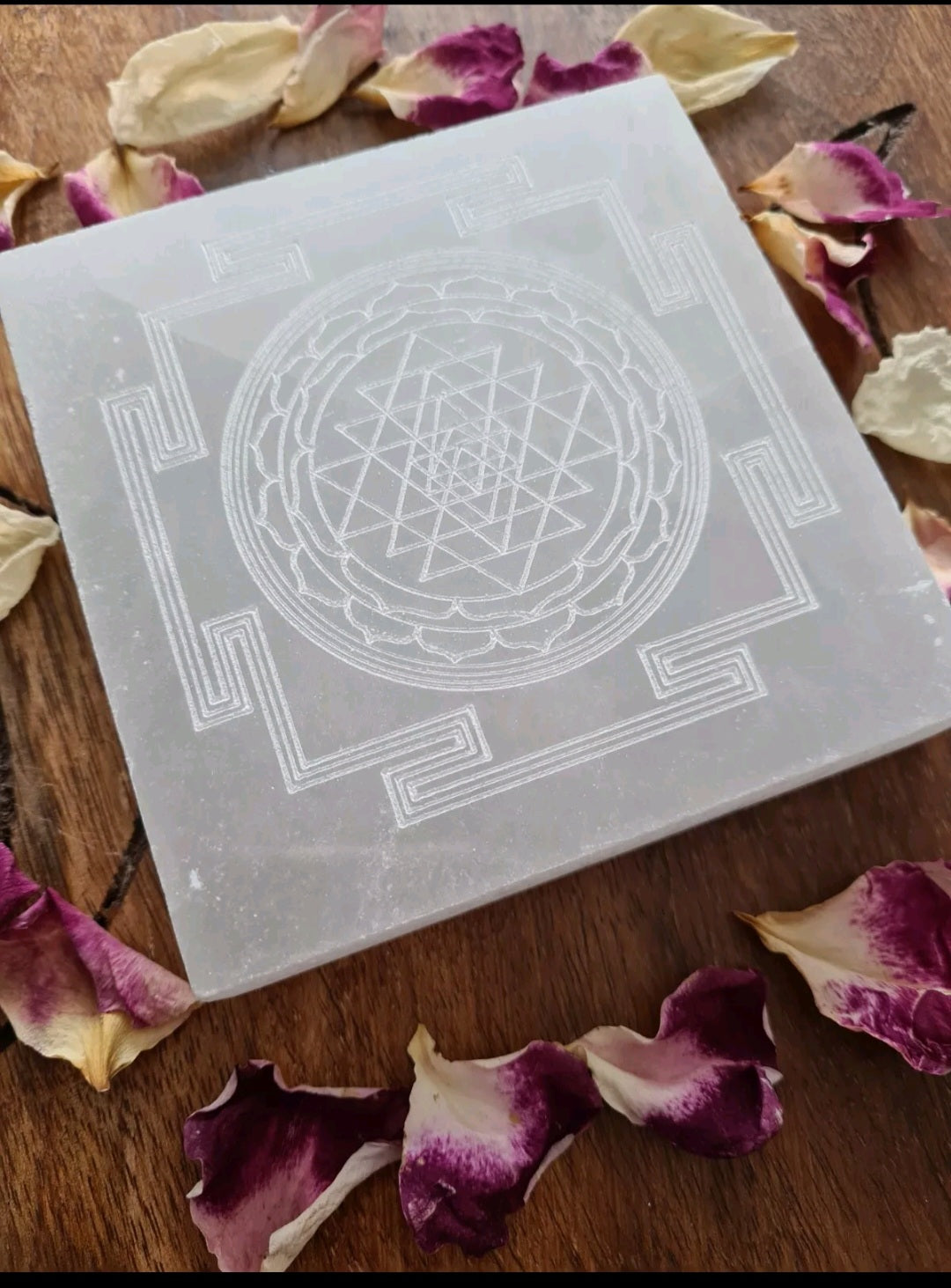 Selenite Charging plate engraved with Shri Yantra - Divine  - Crystal Gridding