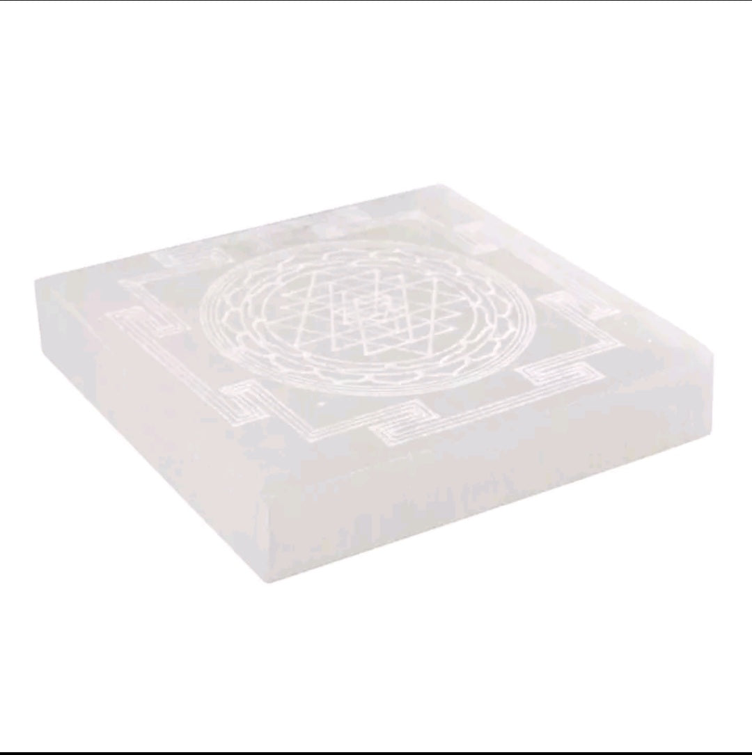 Selenite Charging plate engraved with Shri Yantra - Divine  - Crystal Gridding