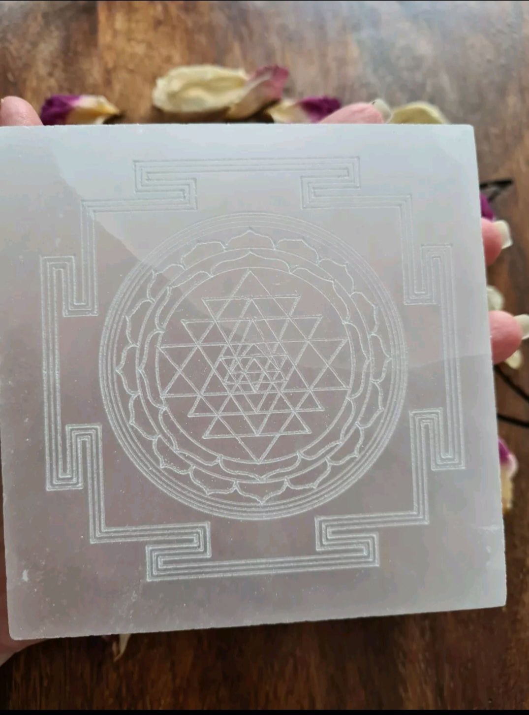 Selenite Charging plate engraved with Shri Yantra - Divine  - Crystal Gridding