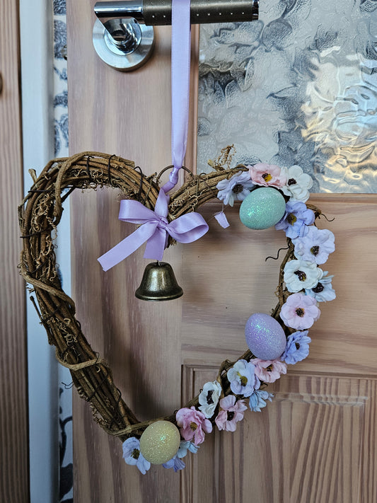 Spring Ostara Heart Rattan Witch Bell Wreath with eggs and flowers