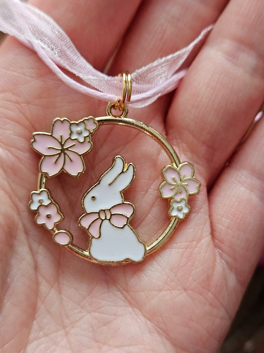 Spring Bunny Necklace ~ Pink and Gold enamel