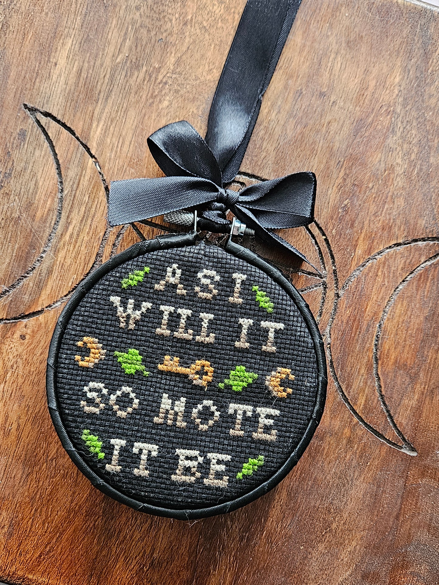 "As I Will It, So Mote It Be" black hanging embroidery