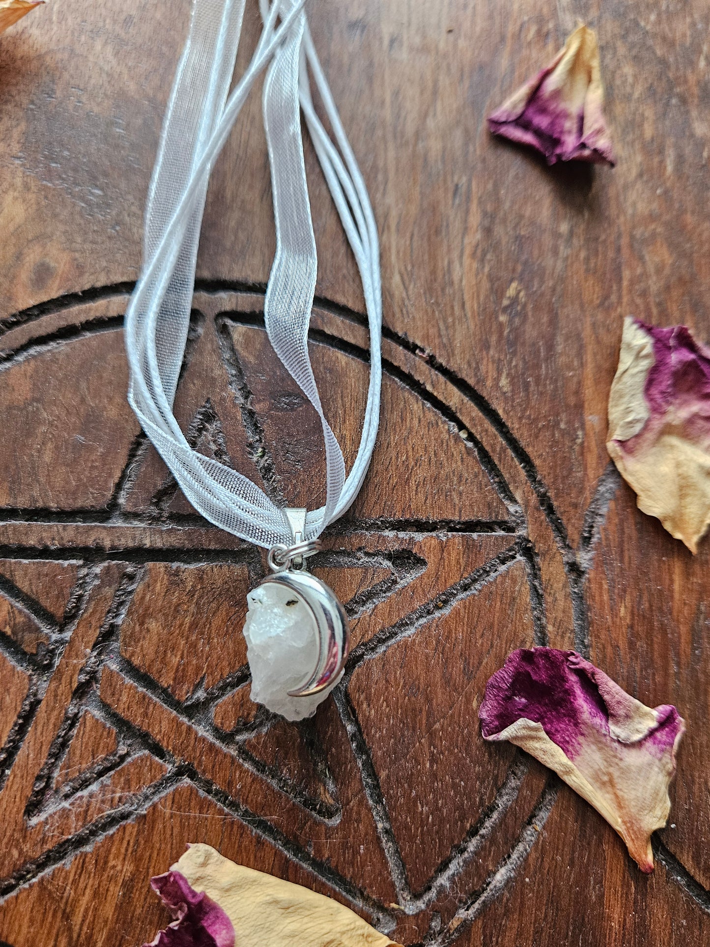 The Goddess of the Moon Necklace ~ Rough White Moonstone and Crescent Moon Charm