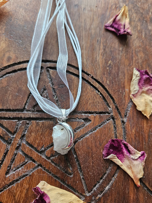 The Goddess of the Moon Necklace ~ Rough White Moonstone and Crescent Moon Charm