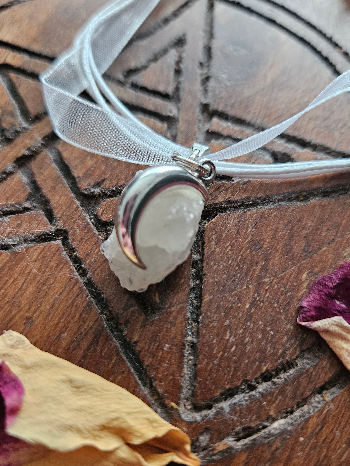 The Goddess of the Moon Necklace ~ Rough White Moonstone and Crescent Moon Charm