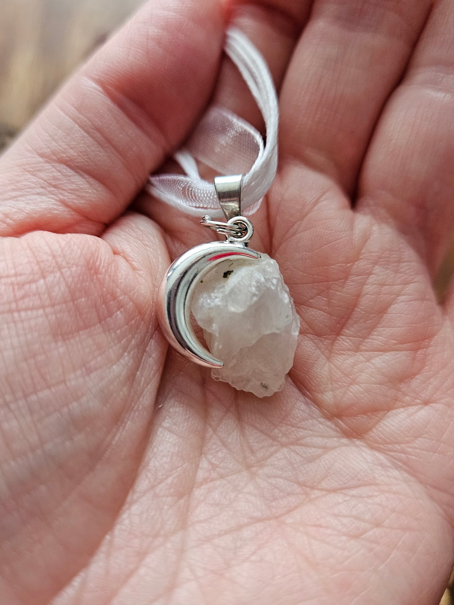 The Goddess of the Moon Necklace ~ Rough White Moonstone and Crescent Moon Charm