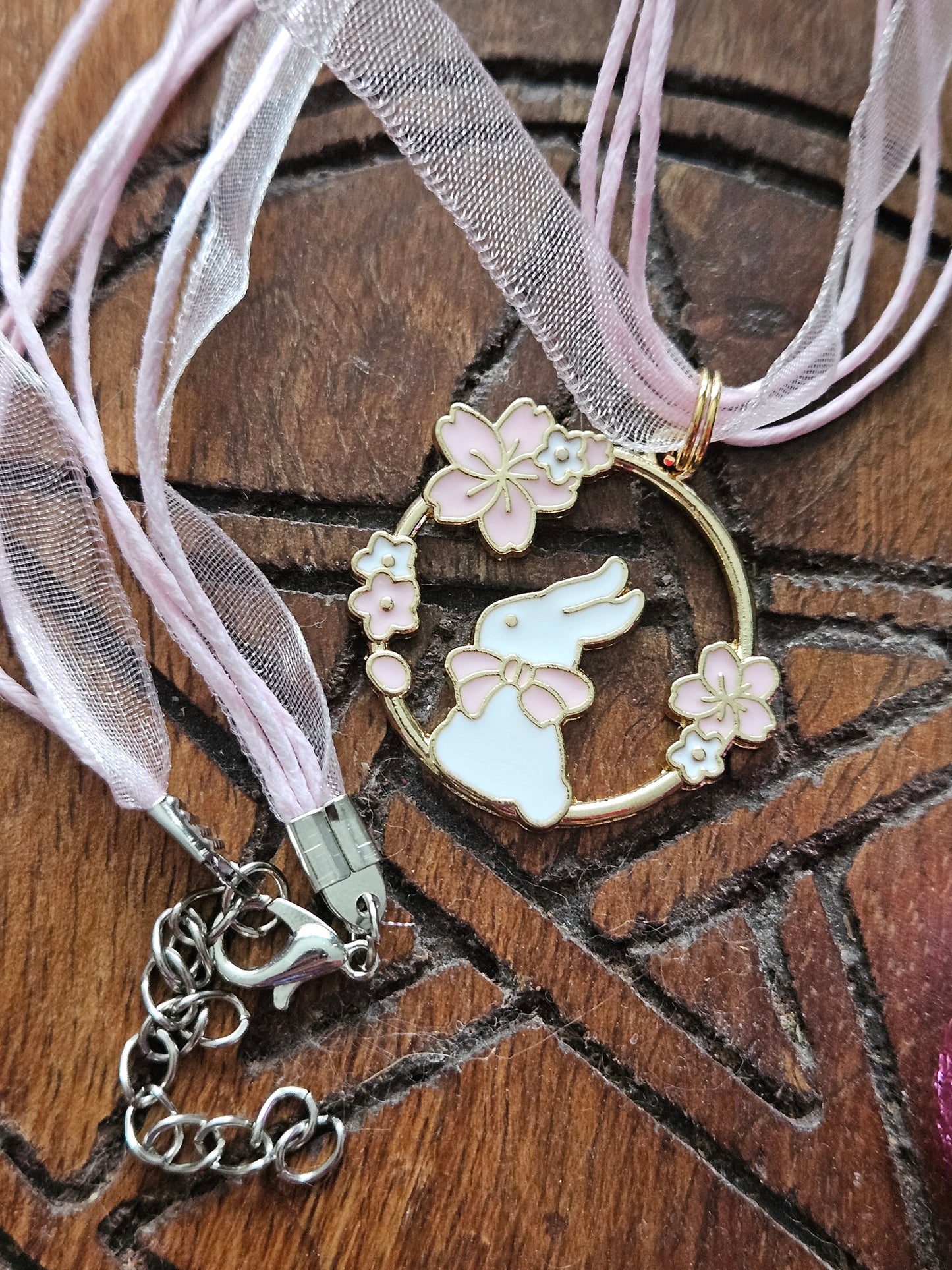 Spring Bunny Necklace ~ Pink and Gold enamel