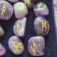 Amethyst Crystal Runes Set with Instructional Guide and purple velvet pouch