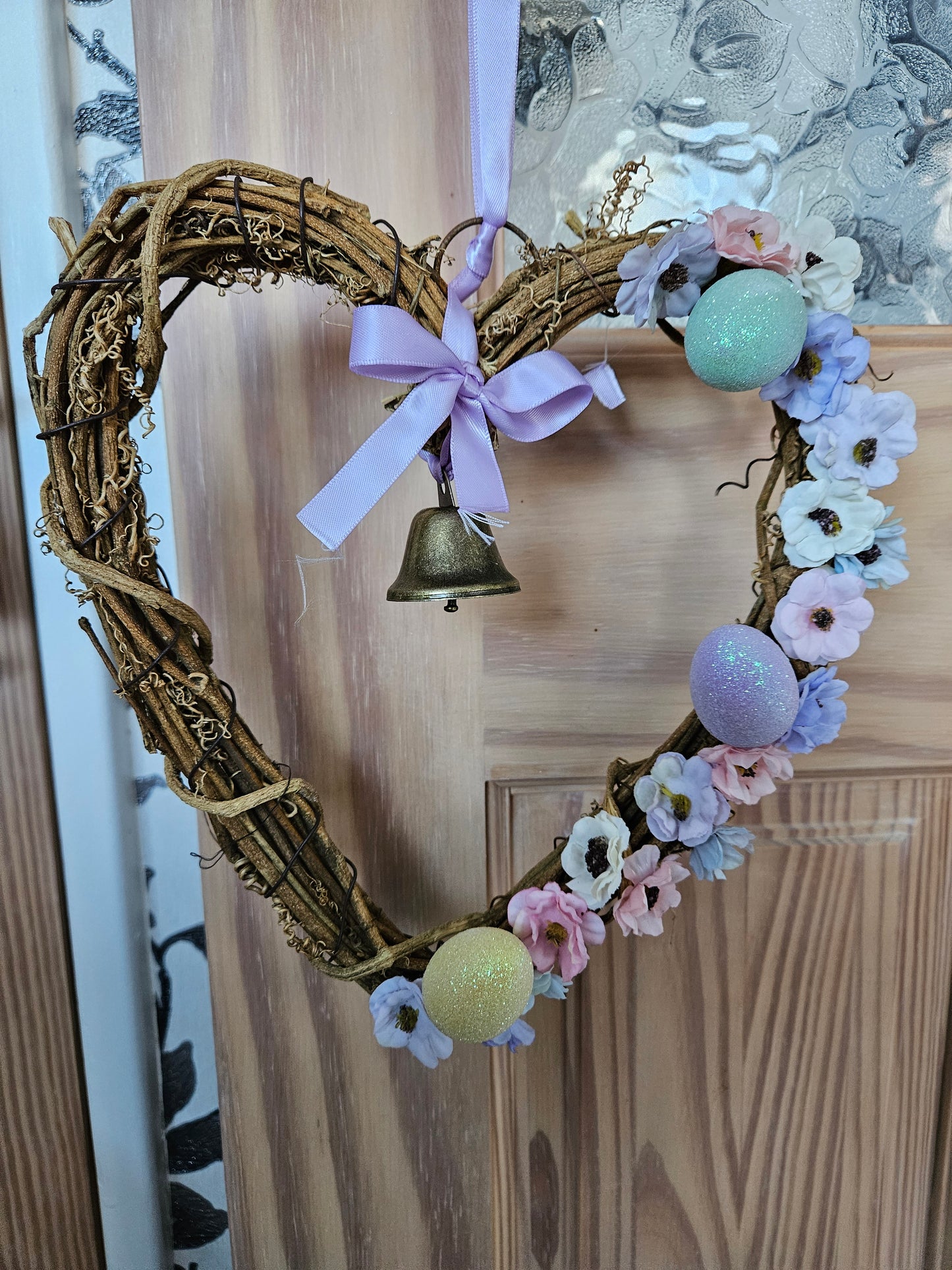 Spring Ostara Heart Rattan Witch Bell Wreath with eggs and flowers