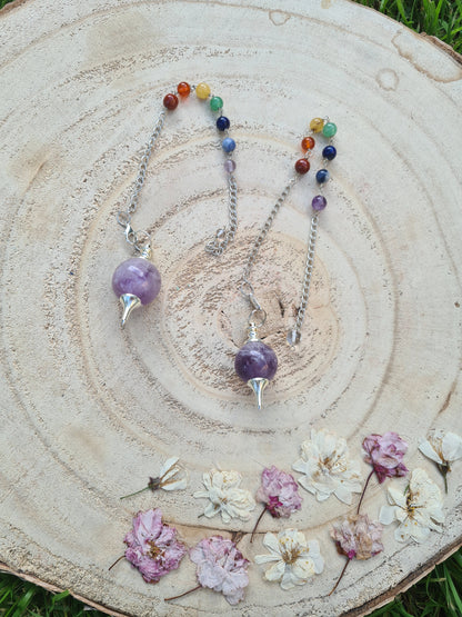 Amethyst or Clear Quartz Sphere Chakra Bead Pendulum Bracelet