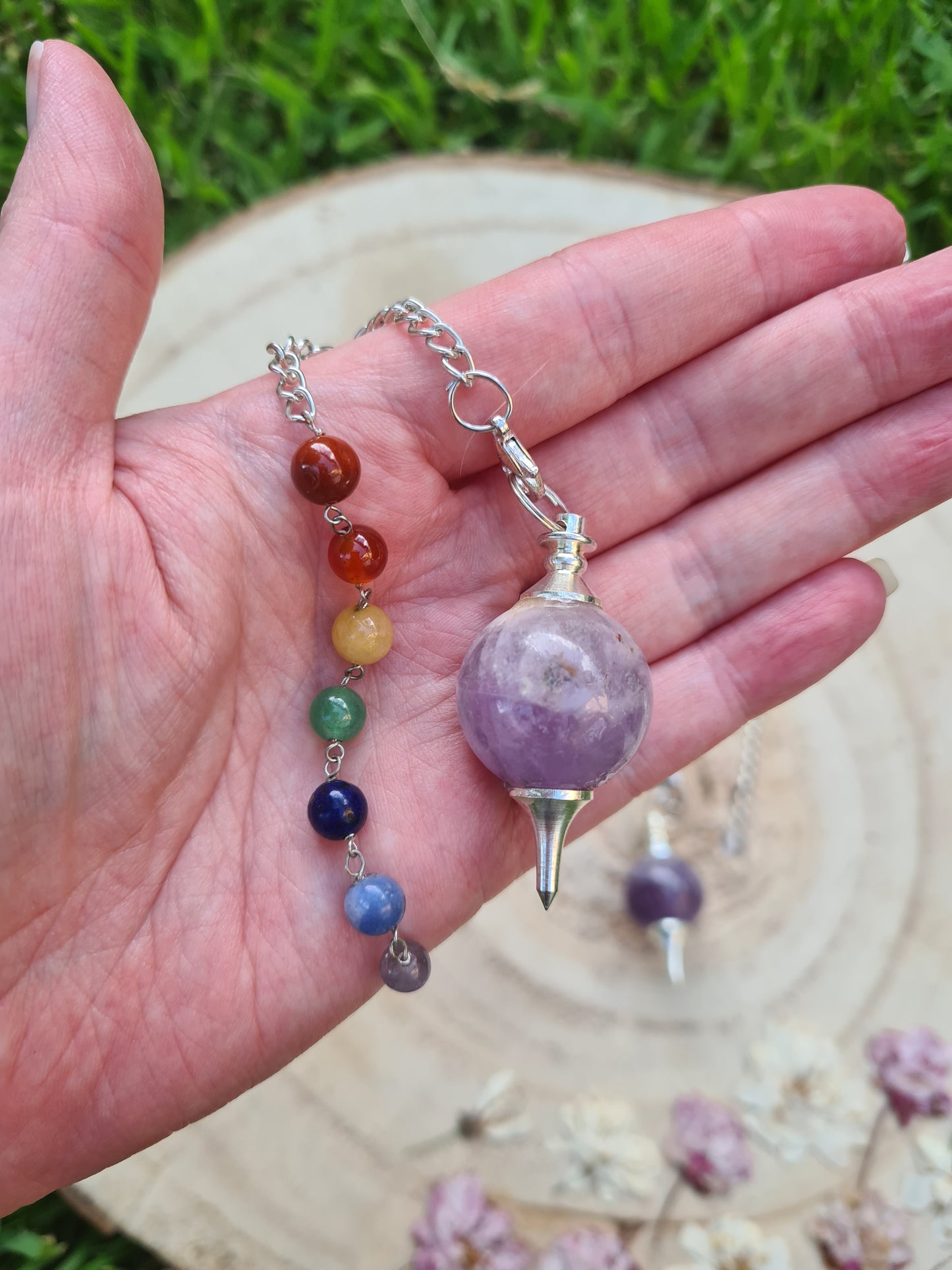 Amethyst or Clear Quartz Sphere Chakra Bead Pendulum Bracelet