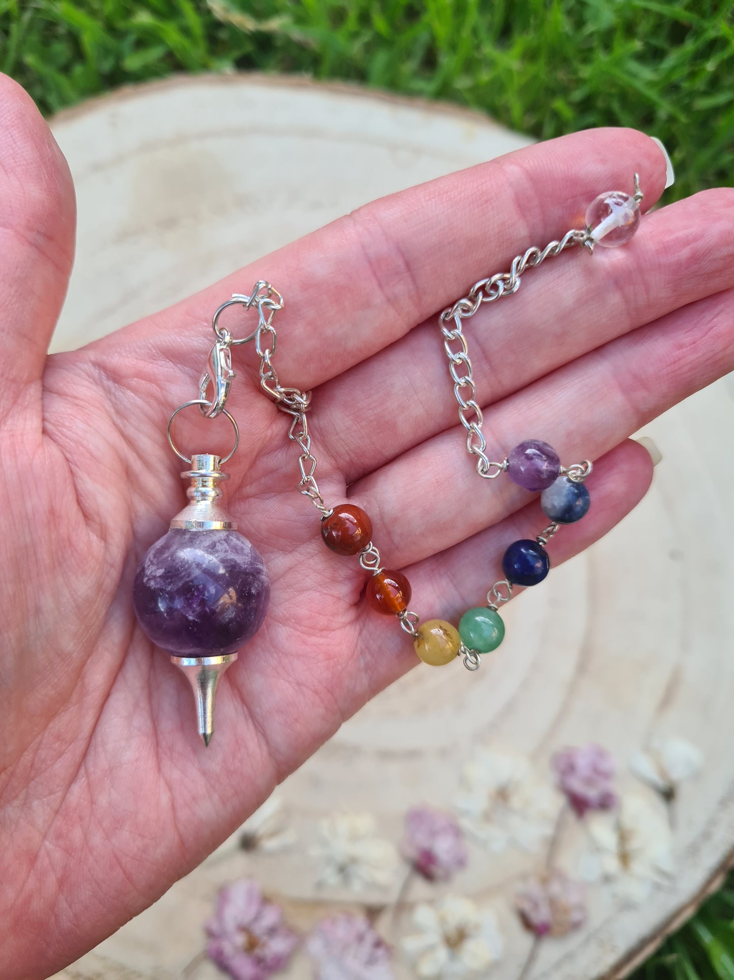 Amethyst or Clear Quartz Sphere Chakra Bead Pendulum Bracelet