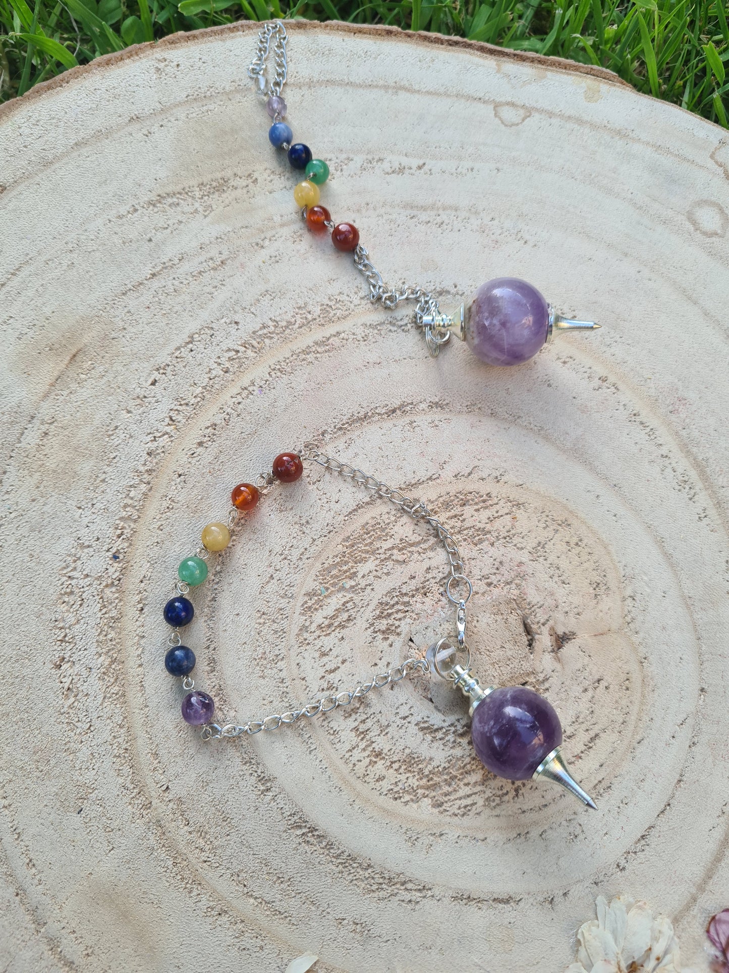 Amethyst or Clear Quartz Sphere Chakra Bead Pendulum Bracelet