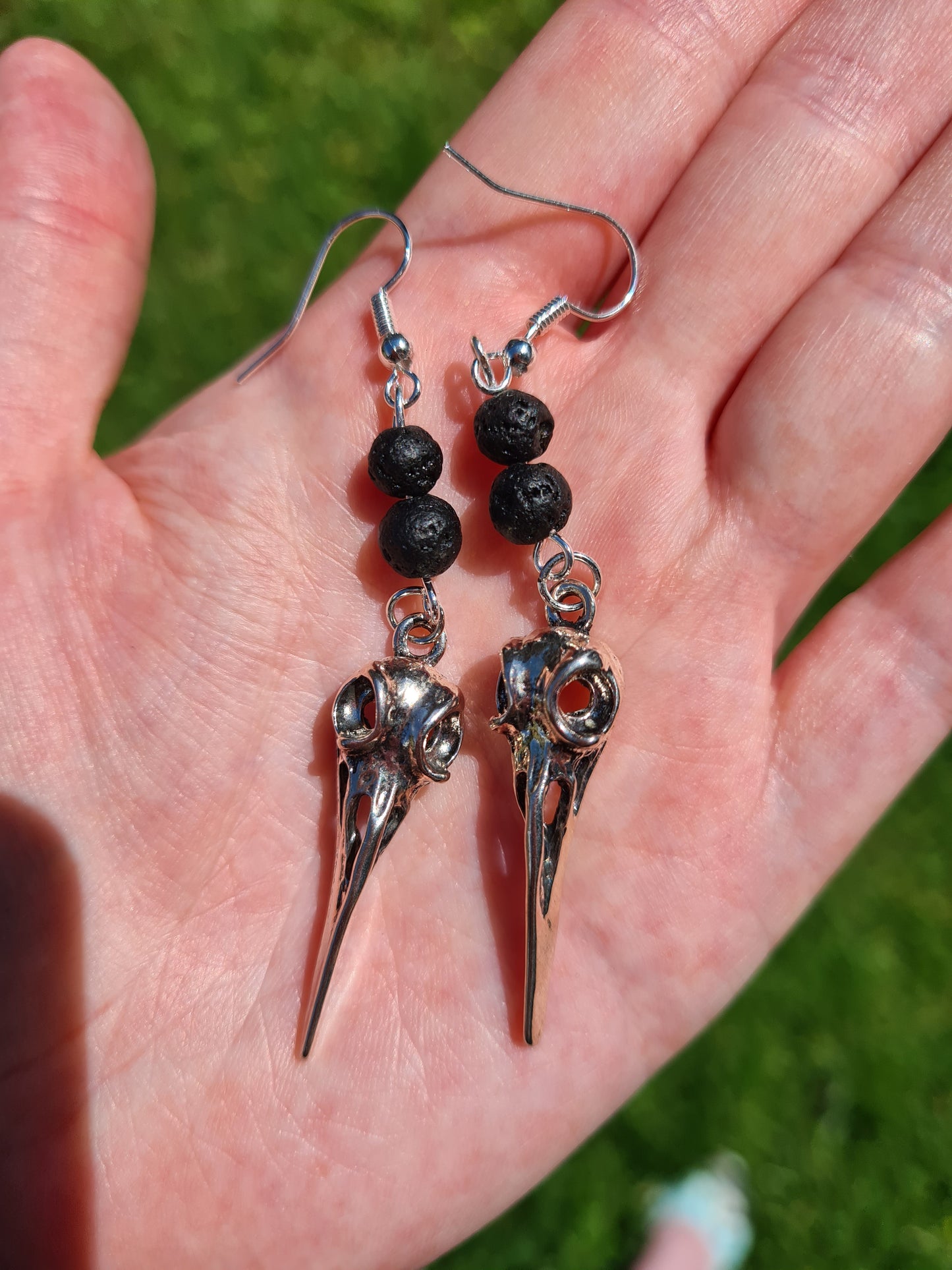 Bird Skull Earrings with Black Lava stones