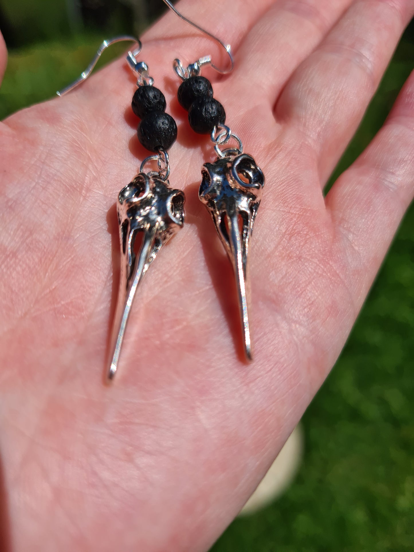 Bird Skull Earrings with Black Lava stones