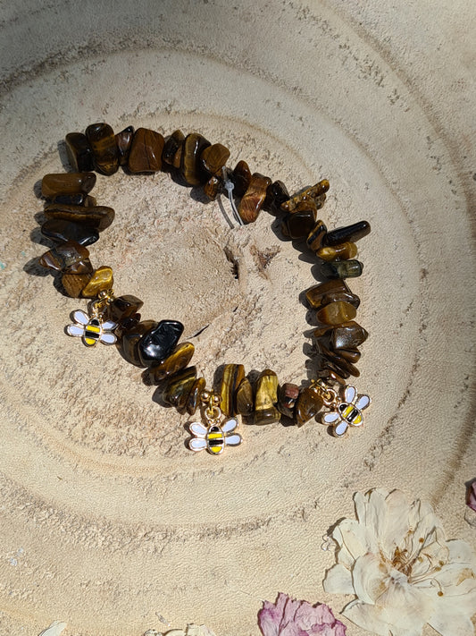 Tigers Eye Crystal chip Bracelet with bee charms