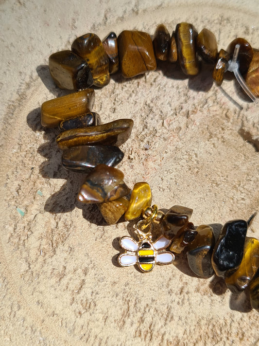 Tigers Eye Crystal chip Bracelet with bee charms