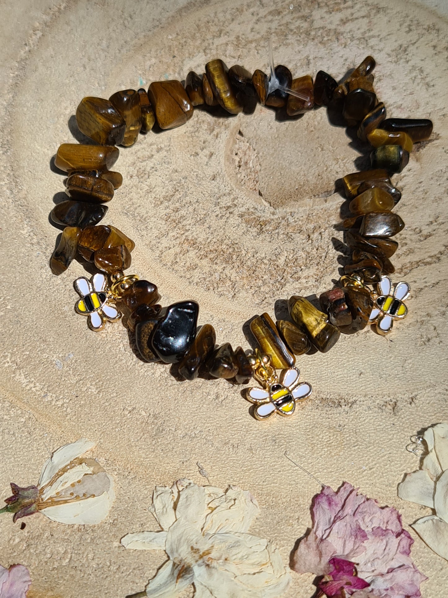 Tigers Eye Crystal chip Bracelet with bee charms