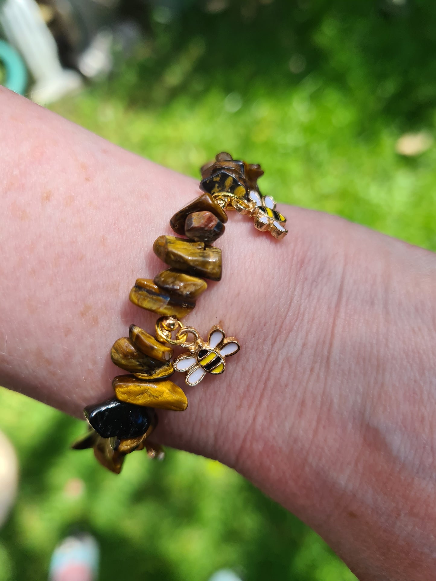 Tigers Eye Crystal chip Bracelet with bee charms