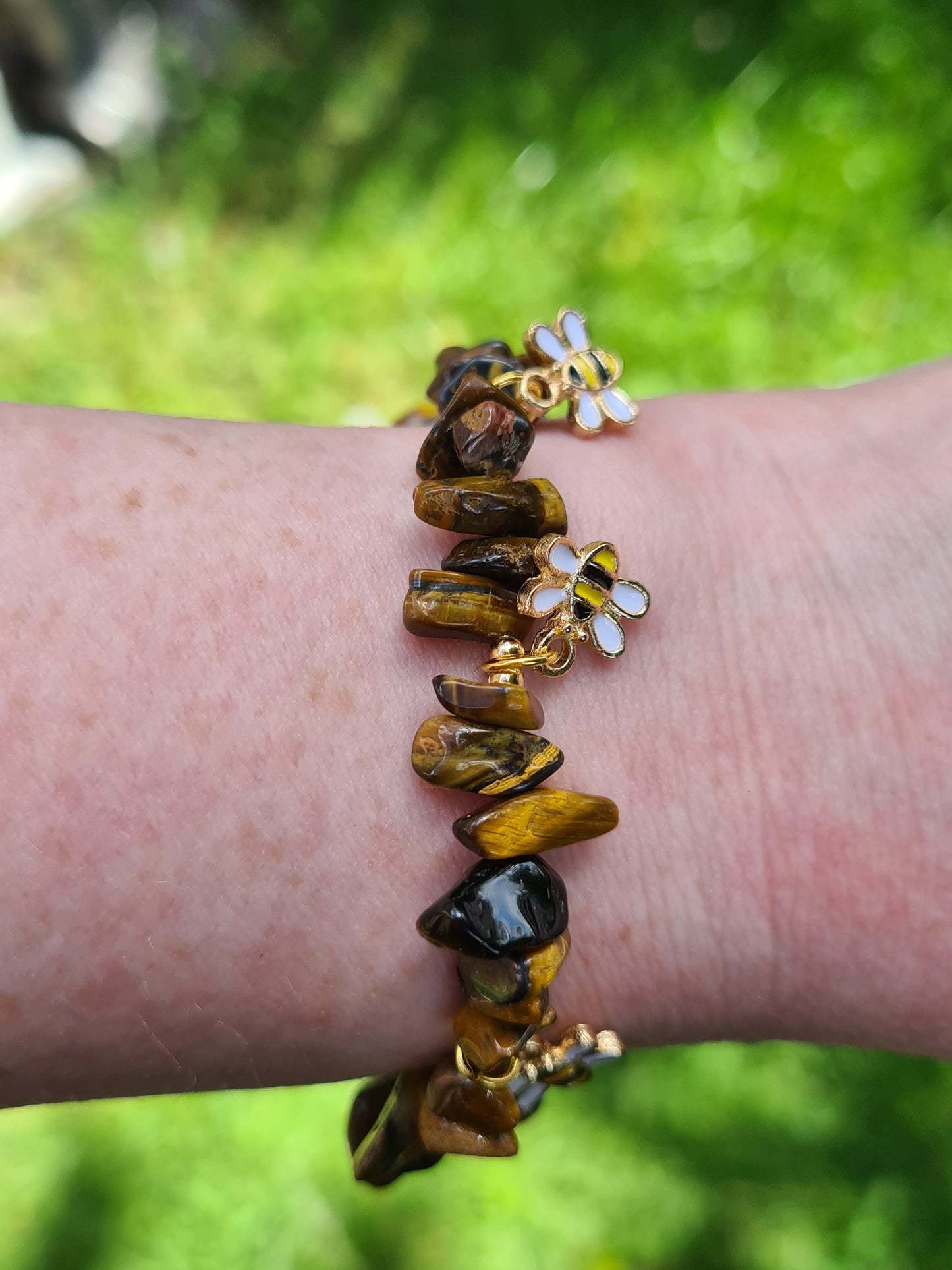 Tigers Eye Crystal chip Bracelet with bee charms