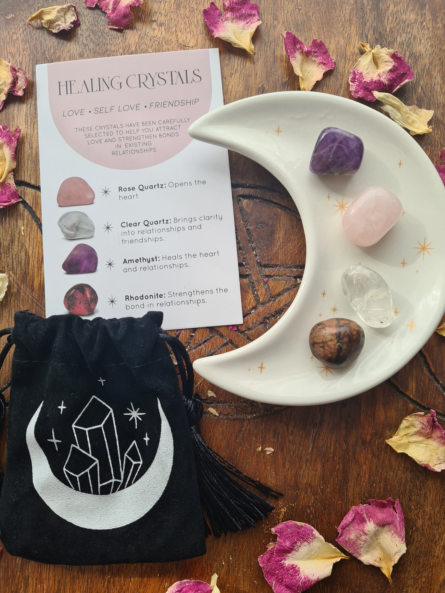 Crystal Set with Moon Trinket Dish ~ Stress ~ Healing ~ Success