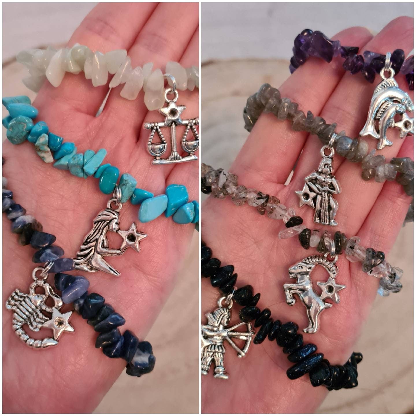 Zodiac crystal chip bracelets with charm  ~Virgo ~ Libra ~ Scorpio ~ Sagittarius  ~ Capricorn ~ Aquarius ~ Pisces ~