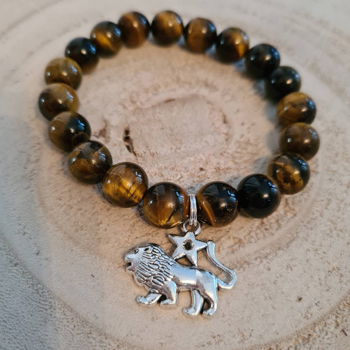 Tigers Eye Bead Bracelet with Leo zodiac charm